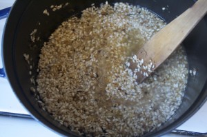 Here's where you hit a brick wall with traditional risotto cooks: Purists believe you should trickle broth, stirring constantly. I pour broth in a cup at a time and stir occasionally.  Call me plebian: I don't taste THAT much difference. 