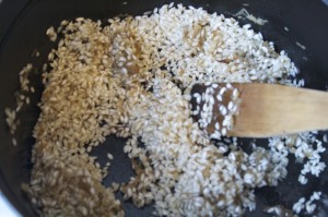 Stir in rice and gently cook until grains soften.