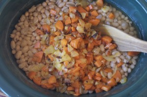 Try not to overcook the beans: after you add the vegetables, the mix will cook for another 20-30 minutes until carrots are very soft.