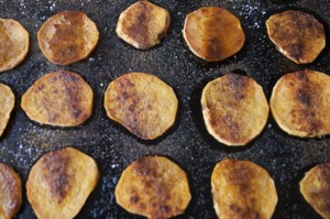 The baked yam slices will look browned before you turn them over.