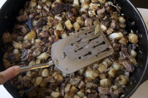 Keep flame on lowest level and slow cook hash—this makes a luscious, caramelized crust