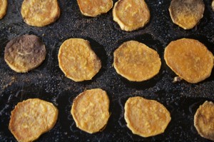 The yams are less colorful on their underside. Here's what they look like after they've been turned over and baked—even the extra-brown yams taste yummy.