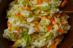 Rough-chopped coleslaw looks prettier and stays fresh longer.
