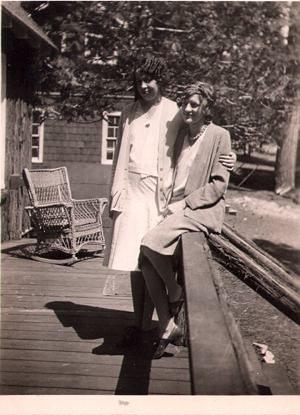 Grandma, left, and Aunt Viva, summer cottage in Sierras, early 1920s. Note Grandma's bobbed hair—she was one of the first daring girls to get a bob. 